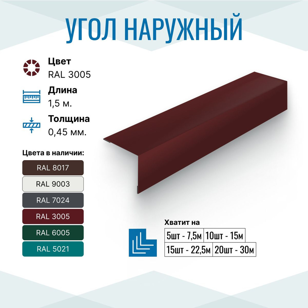 Уголок металлический внешний (наружный) 100х100, длина 1.5м, RAL 3005, 15 шт. в упаковке  #1