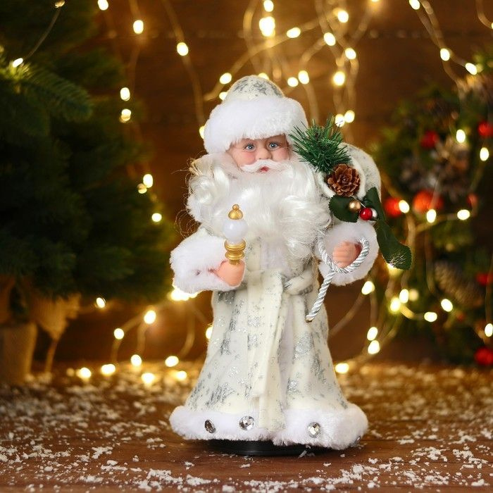 Дед Мороз "В белой шубке с подарками" двигается, с подсветкой, 30 см  #1