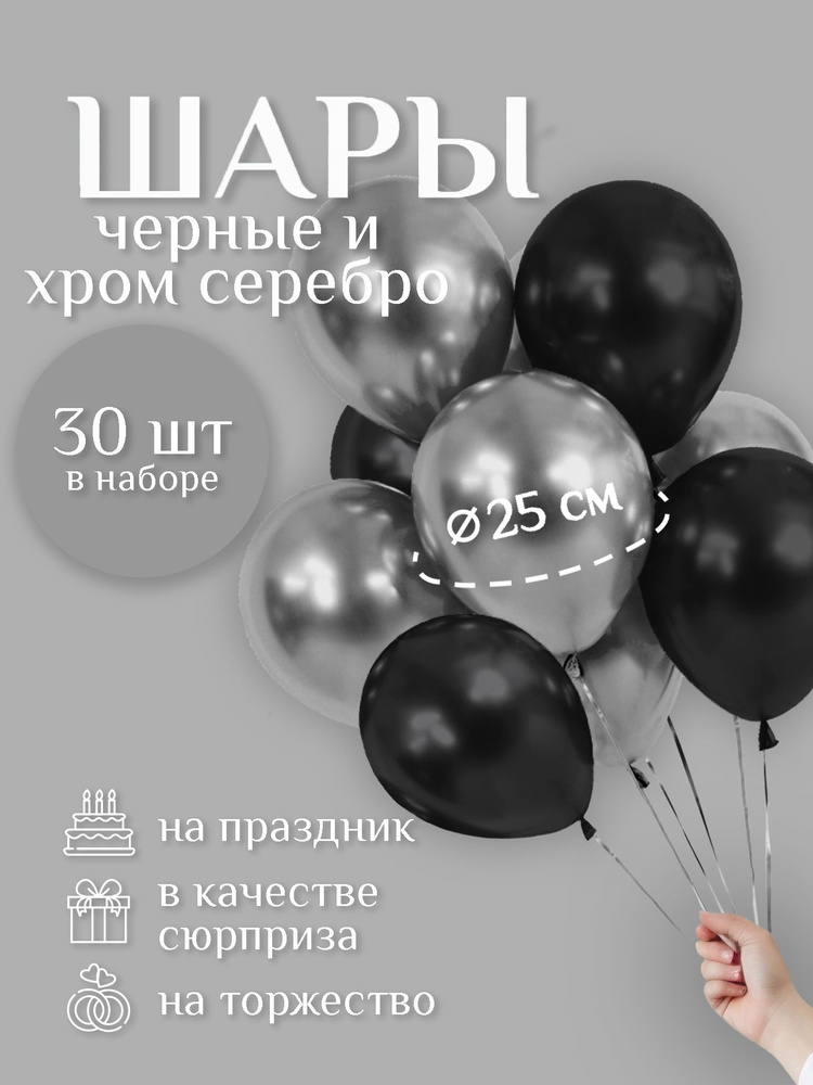 Воздушные шары "ЧЁРНАЯ пастель / СЕРЕБРО хром" 30 шт. 25 см. латексные.  #1
