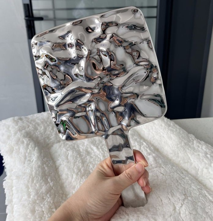 Зеркало с ручкой большое, зеркальце косметическое ручное, 16*28 см, серебряное без лого  #1