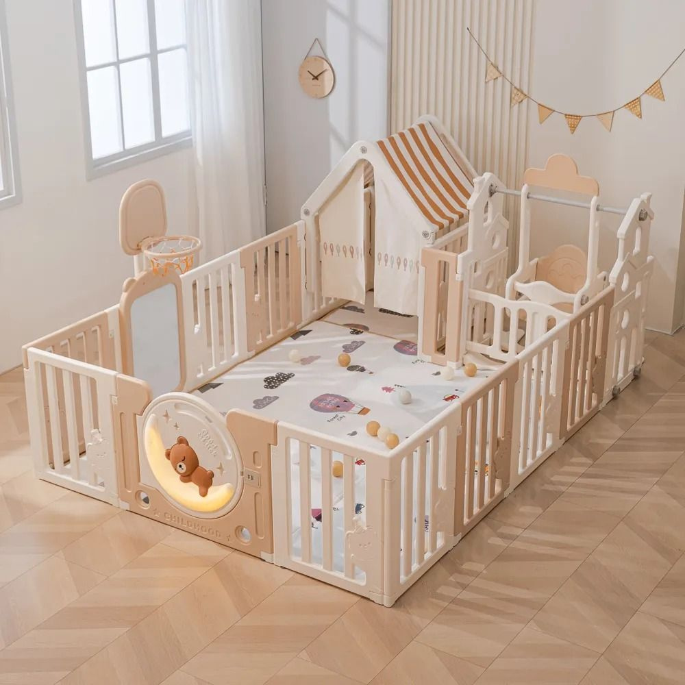 Манеж детский игровой UNIX Kids DeLuxe House Camel 180x200 см для дома пластиковый / баскетбольная стойка, #1