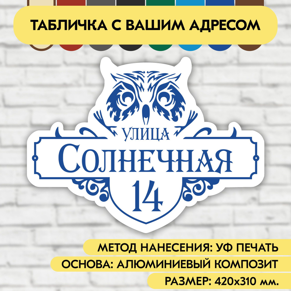 Адресная табличка на дом 420х310 мм. "Домовой знак Сова", бело-синяя, из алюминиевого композита, УФ печать #1