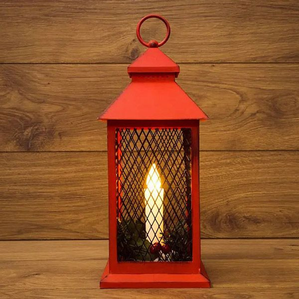 Декоративный фонарь со свечкой, красный корпус, размер 13.5х13.5х30,5 см, цвет теплый белый 513-041  #1