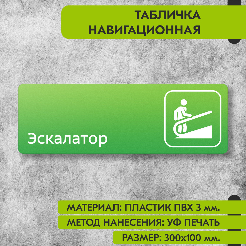 Табличка навигационная "Эскалатор" зелёная, 300х100 мм., для офиса, кафе, магазина, салона красоты, отеля #1