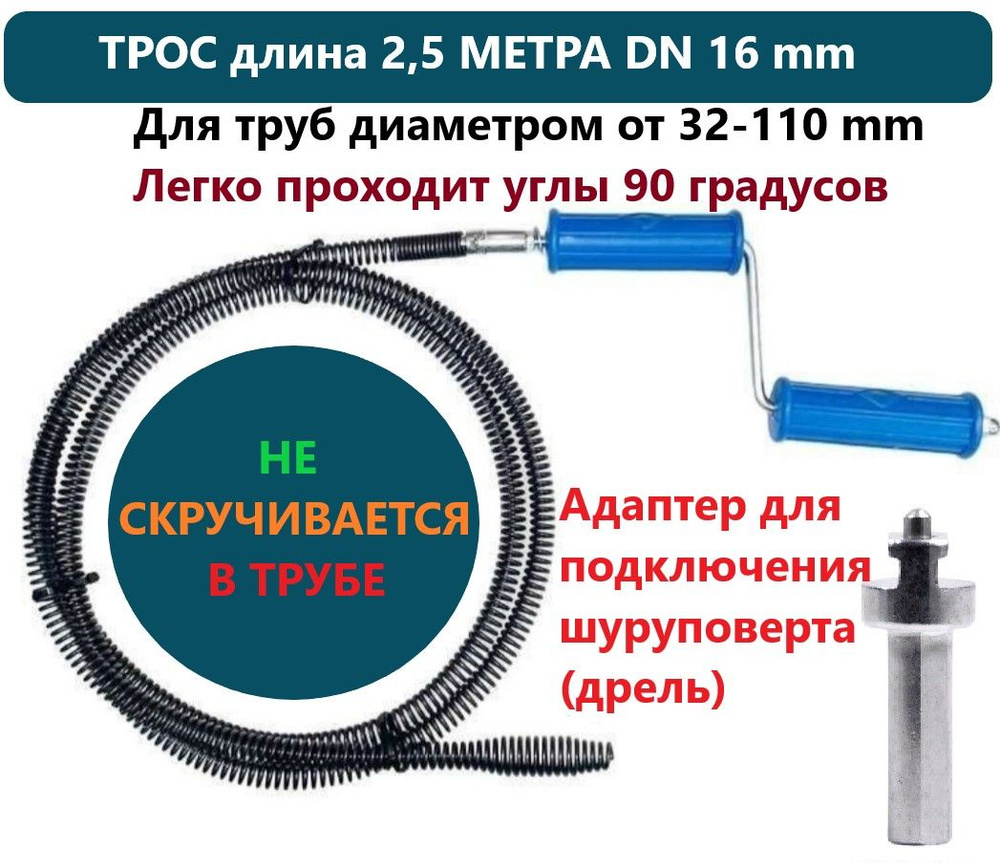 Трос для прочистки канализации DN 32-100 mm. Длина 2,5 метра DN 16 mm  #1