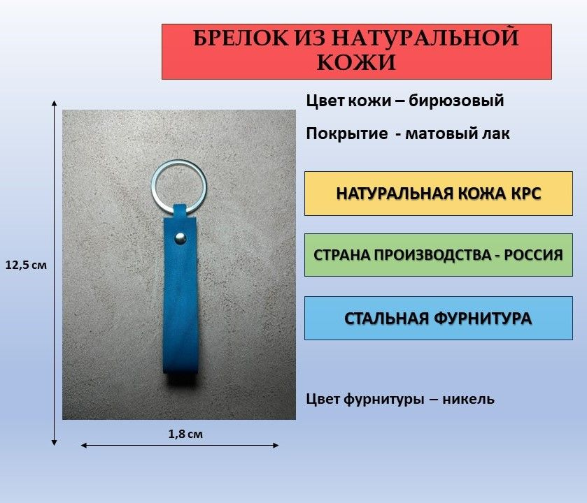 Брелок кожаный для ключей (брелок на ключ из натуральной кожи) бирюзовый, матовый с фурнитурой цвета #1