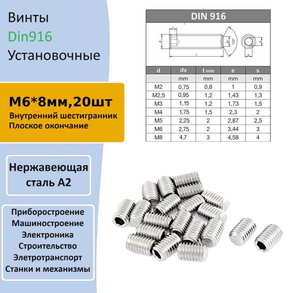 Винт установочный из нержавеющей стали м6*8мм 20шт DIN916 #1