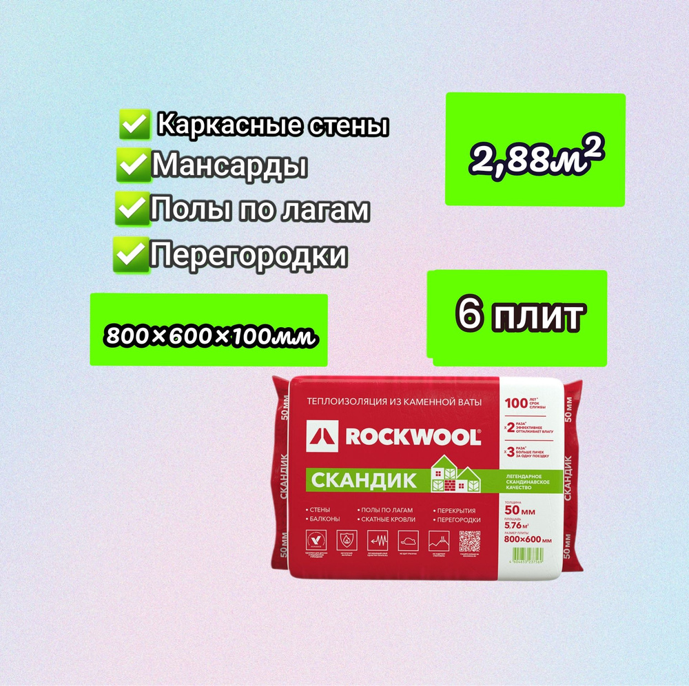 Утеплитель для стен, перегородок, потолка, теплоизоляция из каменной ваты Rockwool 100мм 2,88м2  #1