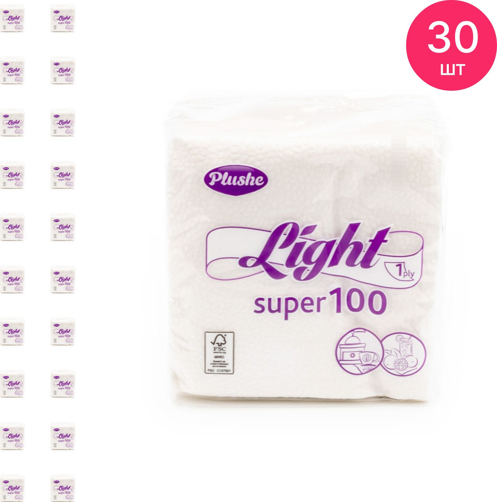 Салфетки бумажные Plushe / Плюше Light Super 100, 1 слой, однотонные, белые, 22.5x22.5см, 75 листов / #1