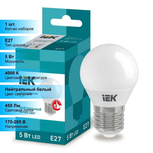 (1 шт.) Светодиодная лампочка IEK G45, мощность 5 Вт, напряжение питания 220 В, цоколь E27, цветовая #1
