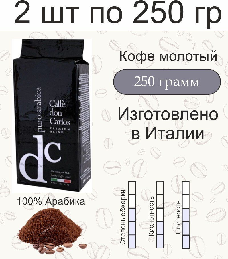 2 пачки по 250 гр. Кофе молотый Carraro Don Carlos Puro Arabica, (500 гр) Италия  #1