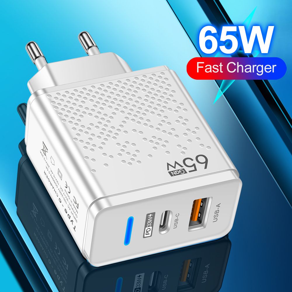 Светодиодный2-портовыйзарядныйадаптерUSB-A/USB-CPD33Вт,евростандарт,белый