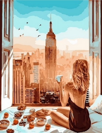 Картина по номерам на холсте 40х50 40 x 50 на подрамнике "Девушка у окна с видом на Нью-Йорк" DVEKARTINKI #1