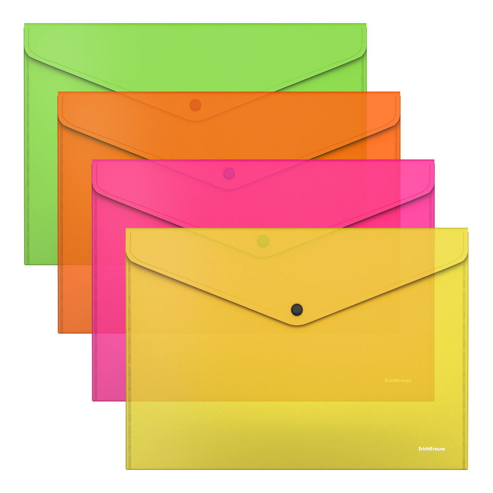 Папка-конверт на кнопке пластиковая ErichKrause Glossy Neon, полупрозрачная, A4, ассорти (в пакете по #1