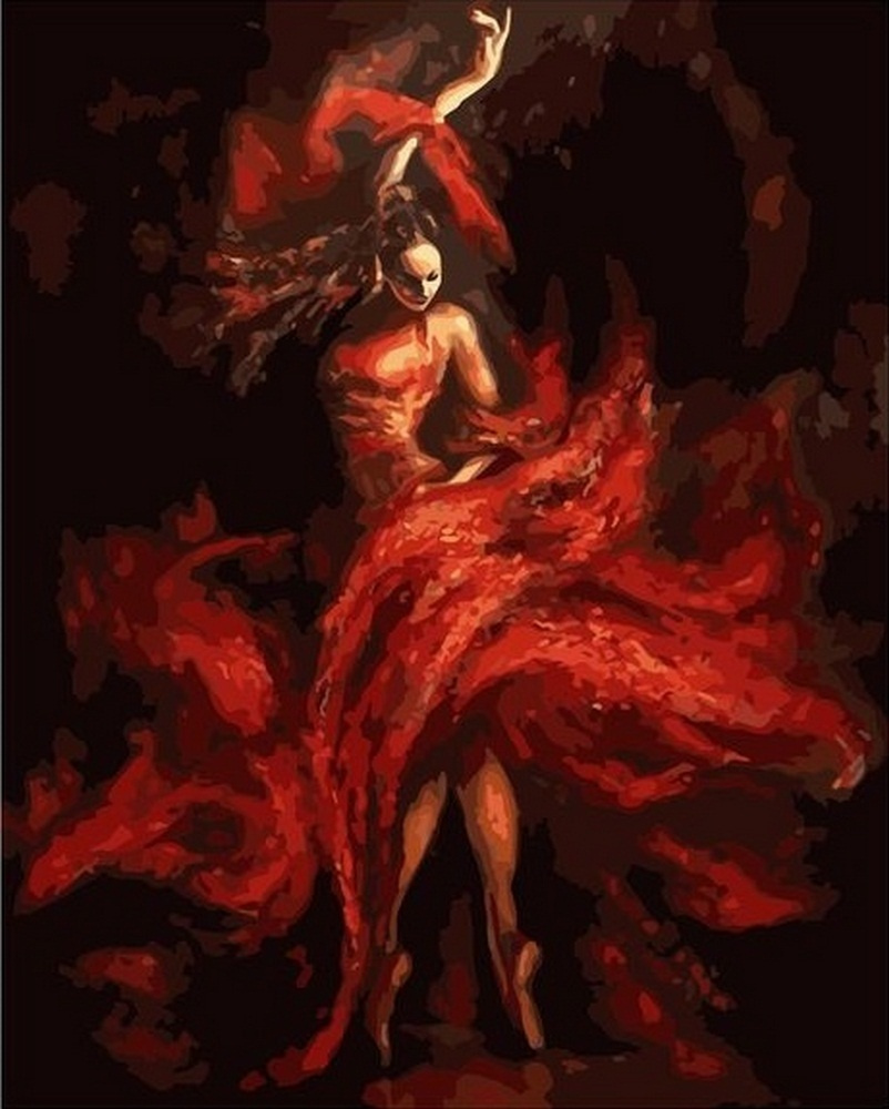 Картина по номерам на холсте с подрамником. 40x50: Colibri - девушки. Танец фламенко девушки в красном #1