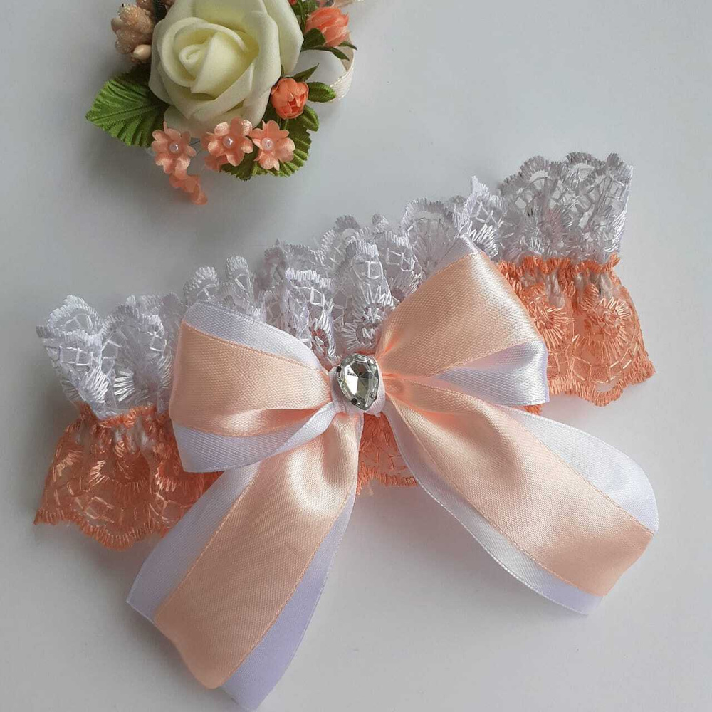 Свадебная подвязка невесты "Люкс" двойной бант, кружево,атлас/цвет персиковый  #1