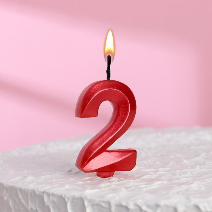 Свеча в торт "Грань", цифра "2", красный металлик, 7.8 см #1