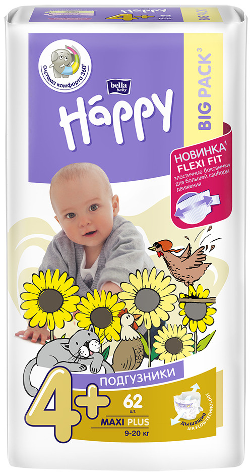 Подгузники для детей bella baby Happy Maxi Plus, размер 4+(вес 9-20 кг), 62 шт.  #1