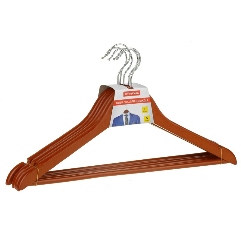 Вешалка-плечики OfficeClean 5 шт, деревянные, с перекладиной, 45 см, цвет вишня (280586)  #1
