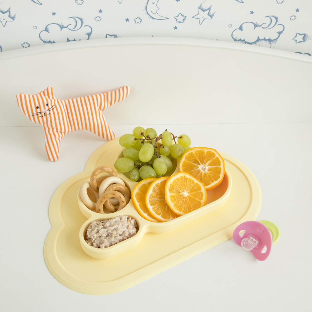 Детская силиконовая секционная тарелка на присоске Облако, желтая  #1