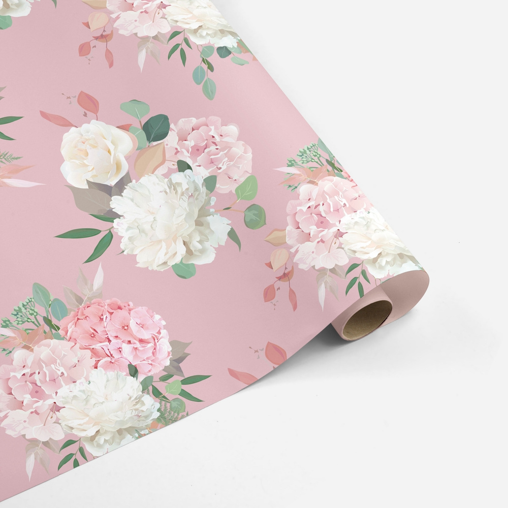Бумага упаковочная универсальная женская декоративная, белые пионы на розовом 70*100 см  #1