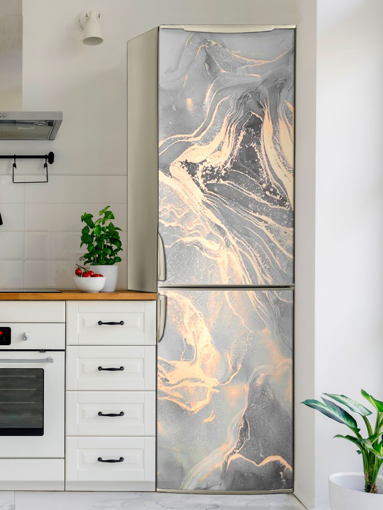 Магнитная картина на холодильник "Серо-золотая абстракция" 200*60см. Магнит панель для дома, интерьерные #1