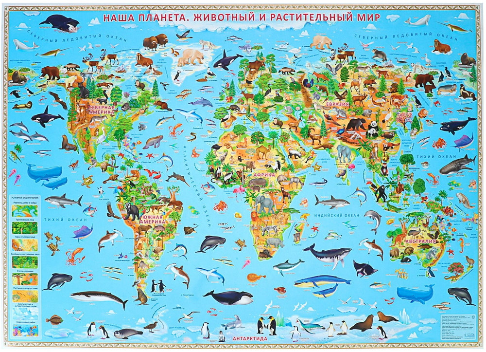 Карта Мира "Наша планета. Животный и растительный мир" настенная географическая, ламинированная, 101 #1