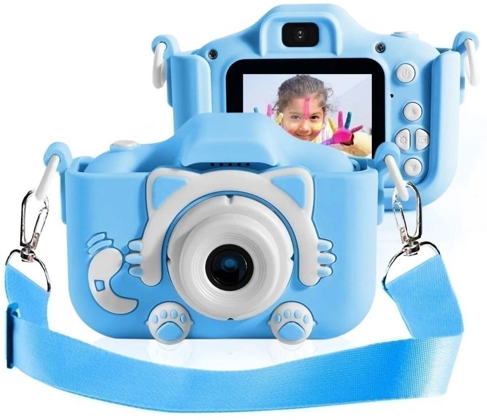 Детский фотоаппарат с селфи камерой в подарок котик/кошечка (голубой) . Развивающие игрушки. + Подарок. #1