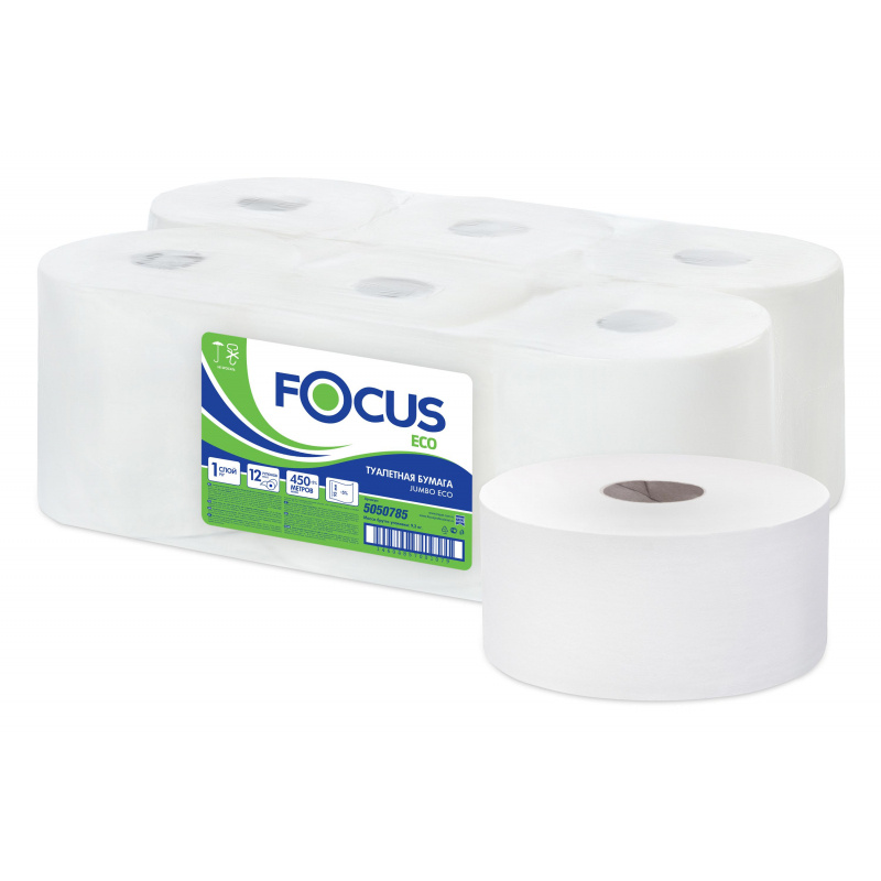 Бумага туалетная для диспенсеров Focus Eco Jumbo 1 слой бел цел 450м 12рул/уп  #1