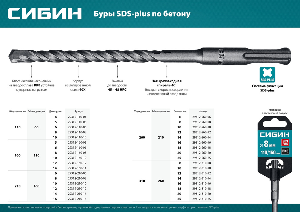 СИБИН 8х260 мм, SDS-plus бур (29312-260-08) #1