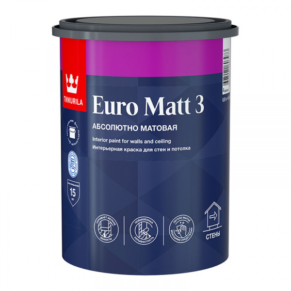 Tikkurila Краска Euro Matt 3_A Гладкая, Латексная, Акриловая, Глубокоматовое покрытие, 0.9 л, белый  #1