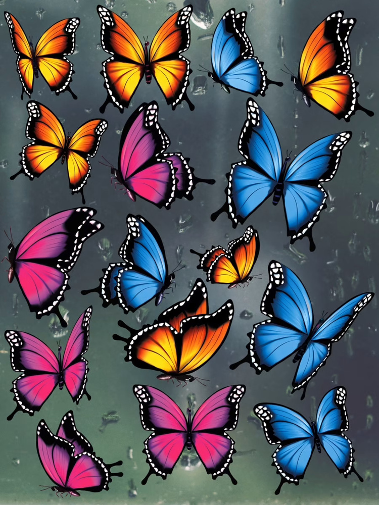 Наклейка статическая для декора двухсторонняя Бабочки Яркие на окна многоразовая  #1
