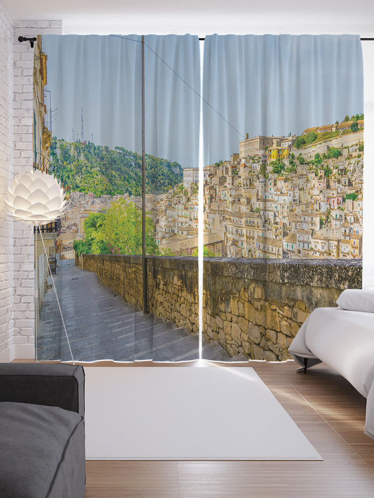 Фотошторы для кухни и спальни JoyArty "Улица в Сицилии", 2 полотна со шторной лентой шириной по 145 см, #1