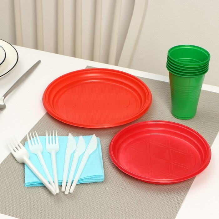 Набор одноразовой посуды Не ЗАБЫЛИ! "Светофор", тарелки d 20,5 см, d 17 см, стаканы, вилки, ножи, салфетки #1