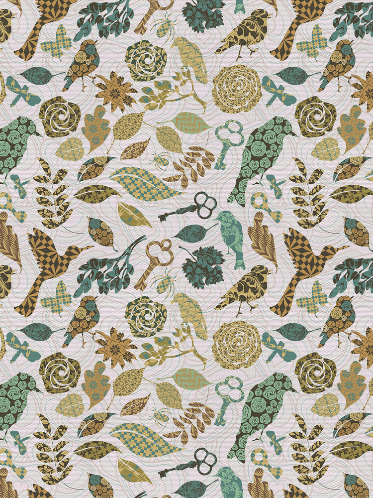 Отрезная ткань для мебели Ambesonne "Орнаментальные птицы" метражом для рукоделия и шитья, оксфорд, 155 #1