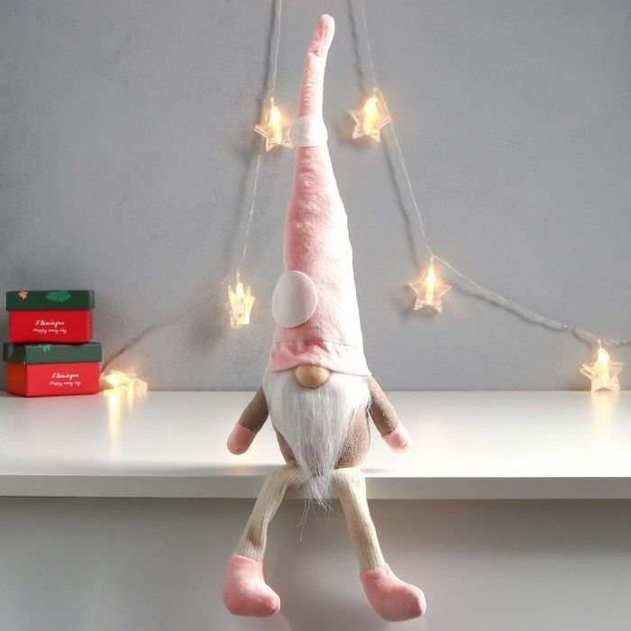 Кукла интерьерная "Дед Мороз в розовом колпаке с кружочками" длинные ножки 56х13х9 см  #1
