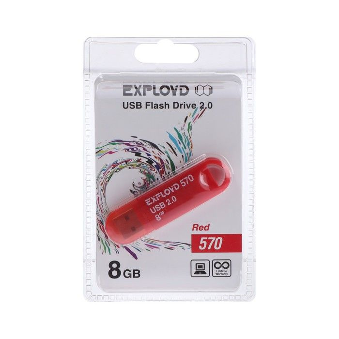 Флешка Exployd 570, 8 Гб, USB2.0, чт до 15 Мб/с, зап до 8 Мб/с, красная  #1