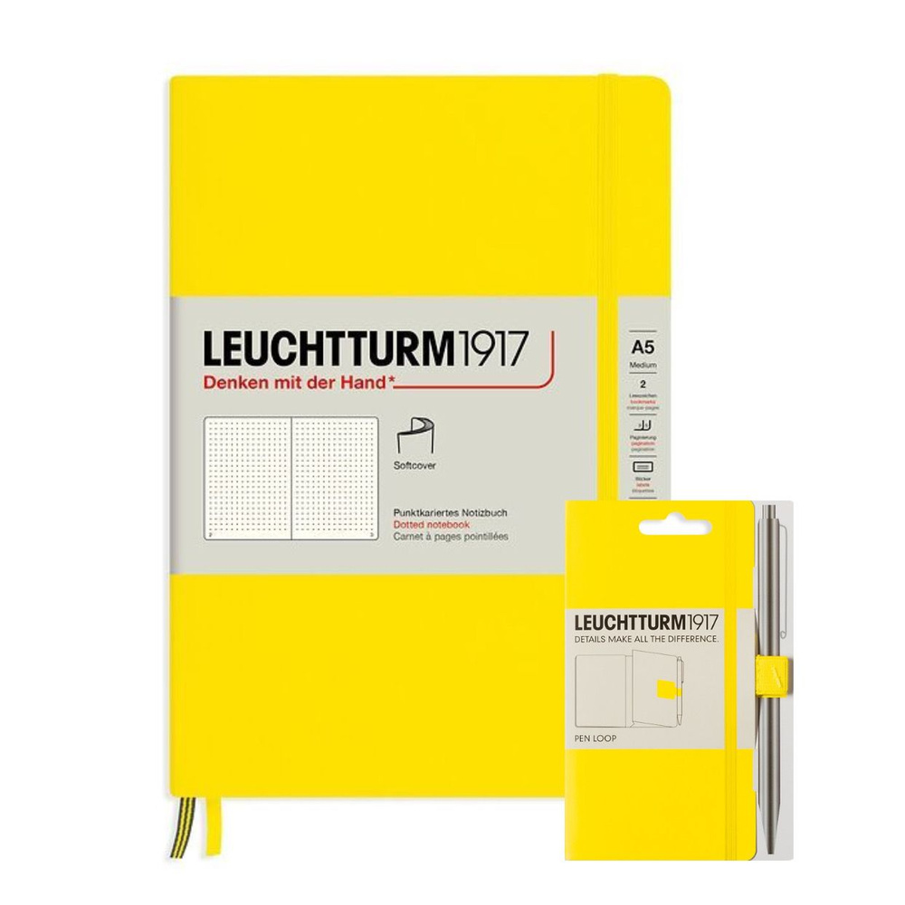Комплект Leuchtturm1917 лимонный: блокнот Medium А5, мягкая обложка, в точку + держатель для ручки Pen #1