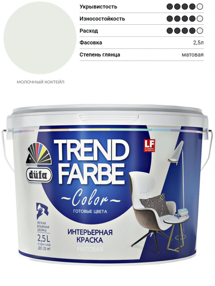 Краска для стен и потолков водно-дисперсионная Dufa Trend Farbe матовая Молочный коктейль 2,5 л.  #1