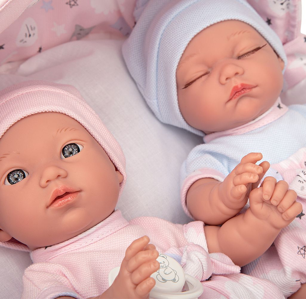 Куклы двойняшки Arias ELEGANCE BABIS GEMELOS 26 см, винил, с соской и люлькой переноской  #1