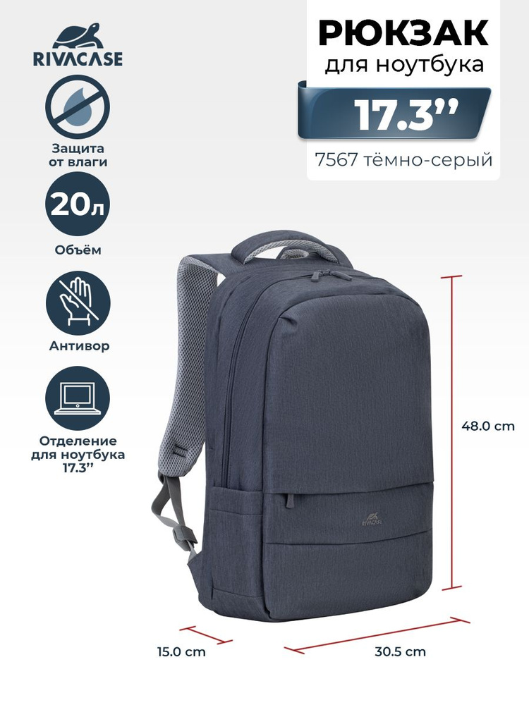 RIVACASE 7567 dark grey Водоотталкивающий городской спортивный рюкзак для ноутбука 17,3", USB-порт, с #1