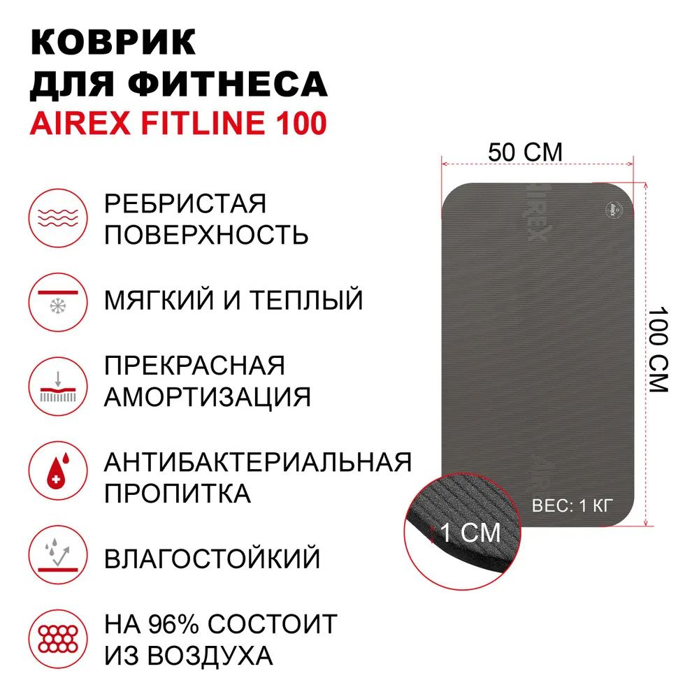 Коврик гимнастический для фитнеса Airex Fitline-100, 100х50х1 см., темно-серый  #1