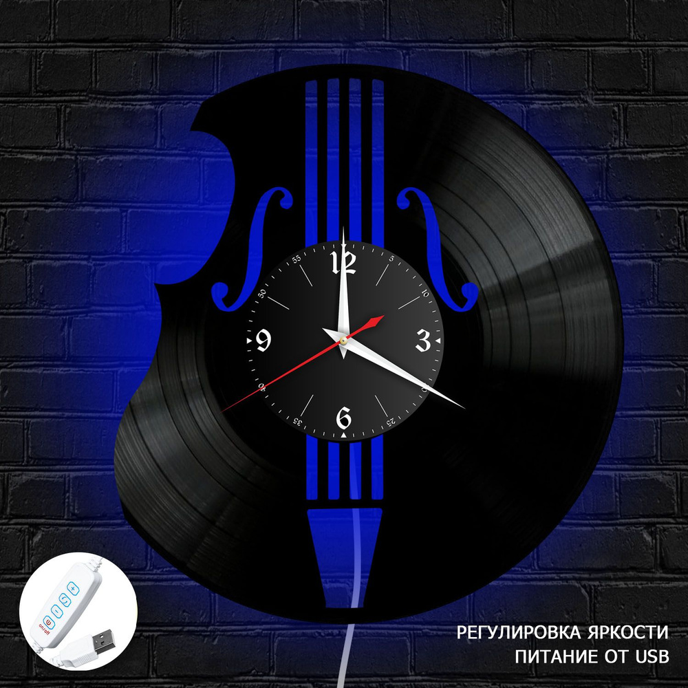 Настенные часы RedLaser "Музыка (Виолончель) из винила с синей подсветкой, №26", 30 см  #1