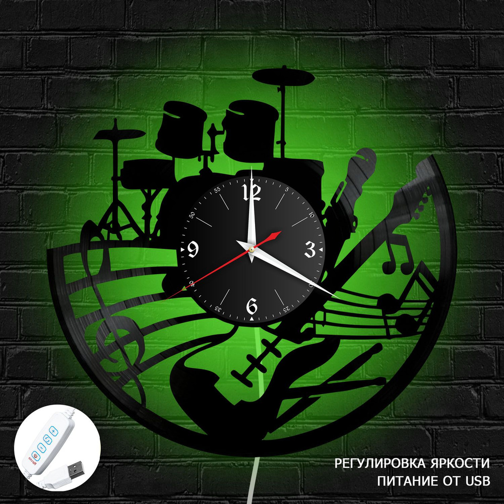 Настенные часы RedLaser "Музыка из винила с зеленой подсветкой, №5", 30 см  #1