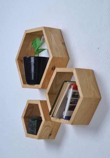 Полка настенная, соты деревянная, набор 3 шт декор комплект полок шестигранные для книг декоративные #1