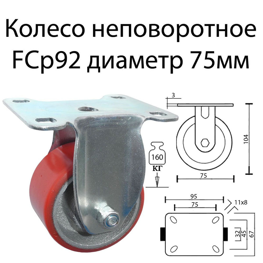 Колесо, колесная опора не поворотная большегрузная FCp 92, диаметр 75 мм, полиуретан, с площадкой  #1