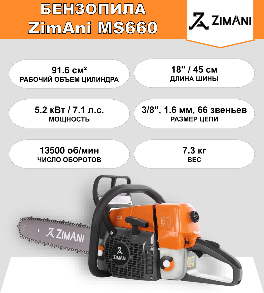 Бензопила ZimAni MS660 (91.6 куб.см, 7.0 л.с., 18", 3/8", 1.6 мм, 66 звеньев)  #1