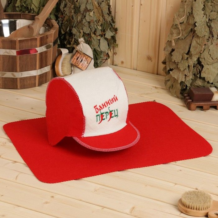 Набор для бани: шапка и коврик "Банный перец" красный #1