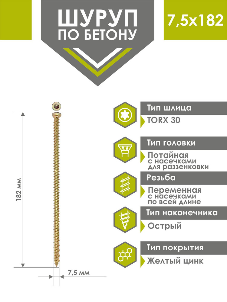 Шуруп по бетону 7,5х182 (50 шт) желтый цинк, нагель, анкер по бетону  #1