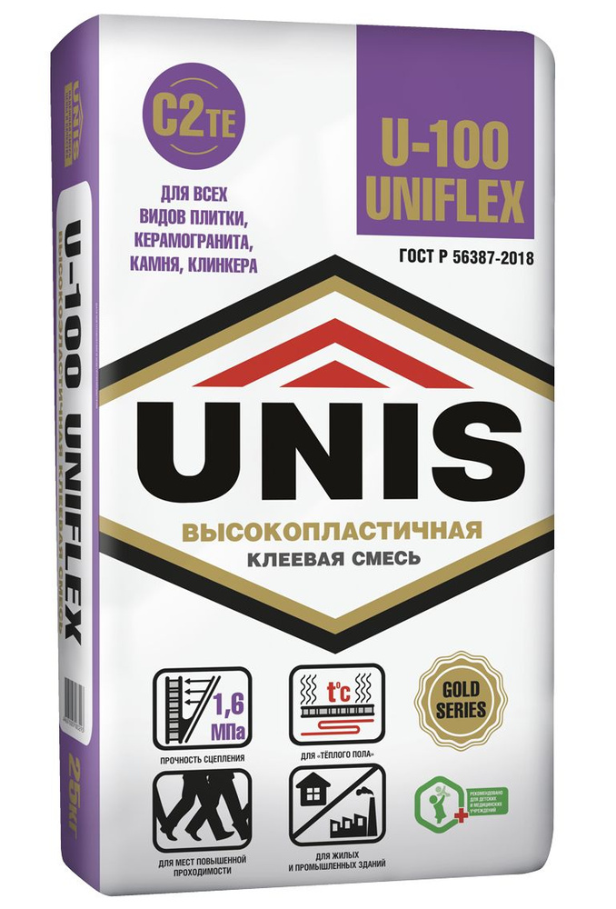 Клей для плитки,керамогранита и камня, эластич. UNIS U-100 Uniflex (С2), 25кг  #1